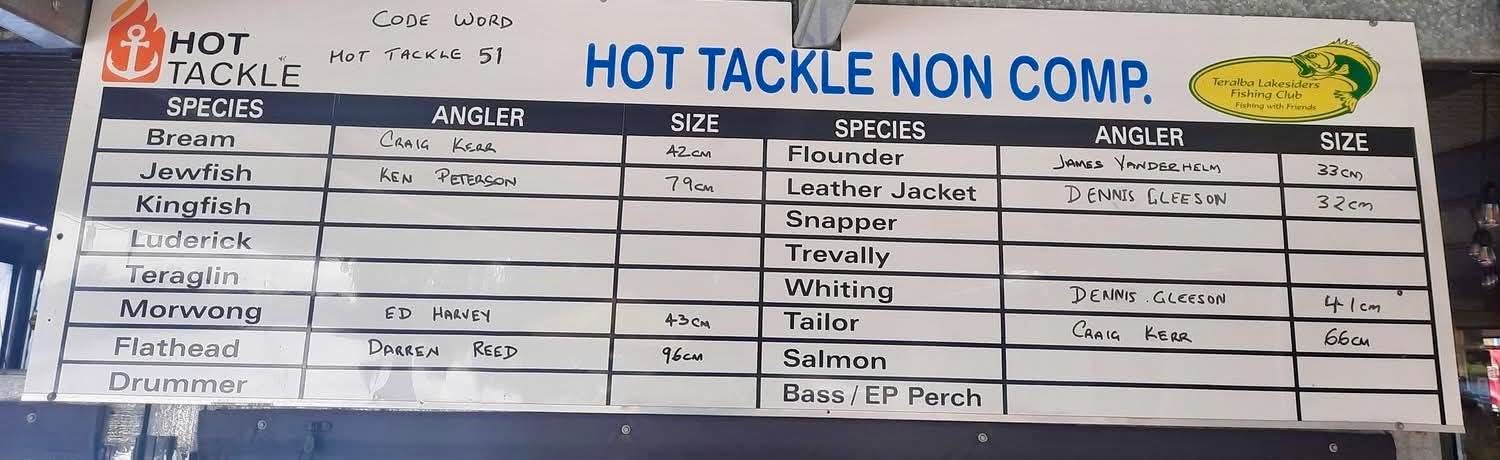 The Hot Tackle non-competition board listing species, anglers and sizes